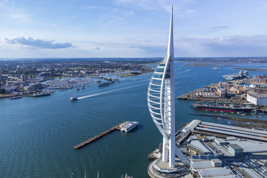 Portsmouth is a port in Hampshire,England. Famous as the home of the Royal Navy. The Spinnaker Tower is a 170m viewing tower.